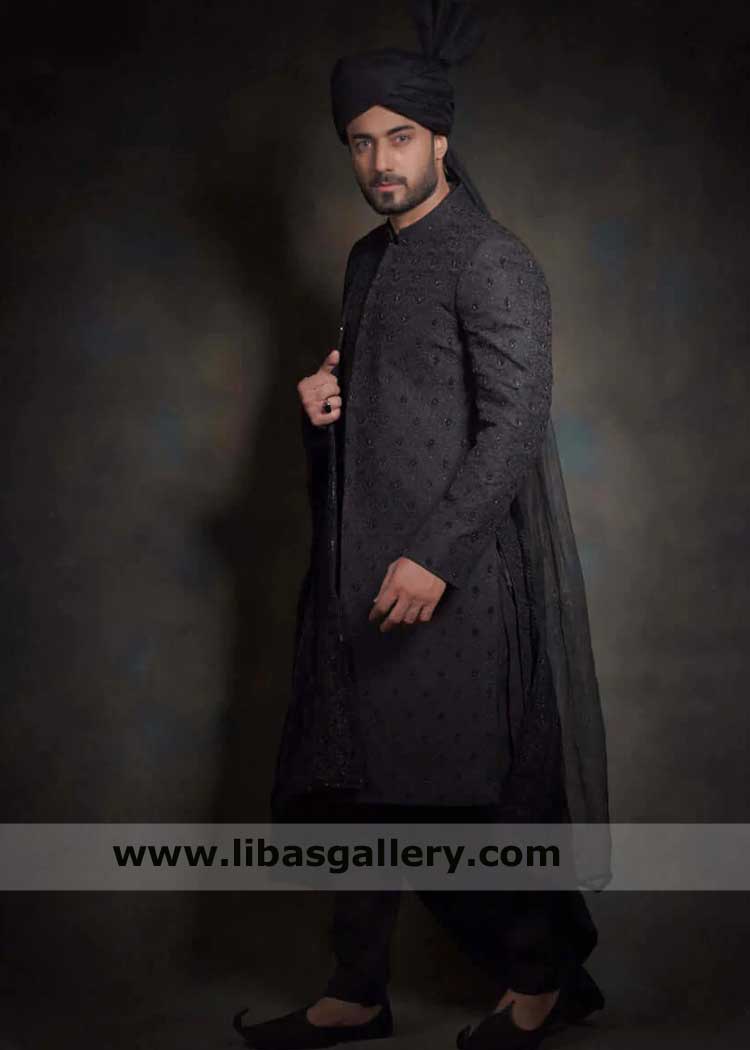 Groom jet black heavily embroidered nikah wedding sherwani, Black block buster Men Sherwani